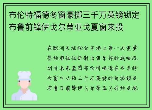 布伦特福德冬窗豪掷三千万英镑锁定布鲁前锋伊戈尔蒂亚戈夏窗来投